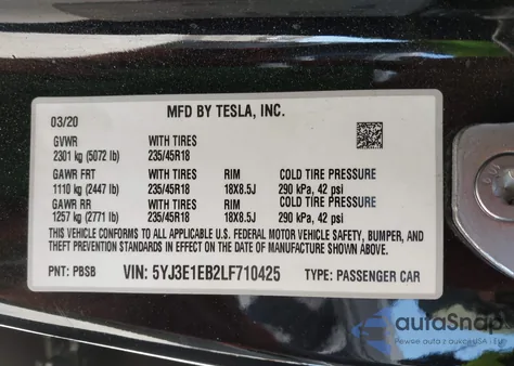 2020 Tesla Model 3 Long Range Dual Motor All-Wheel Drive из США, поврежденный, VIN 5YJ3E1EB2LF710425